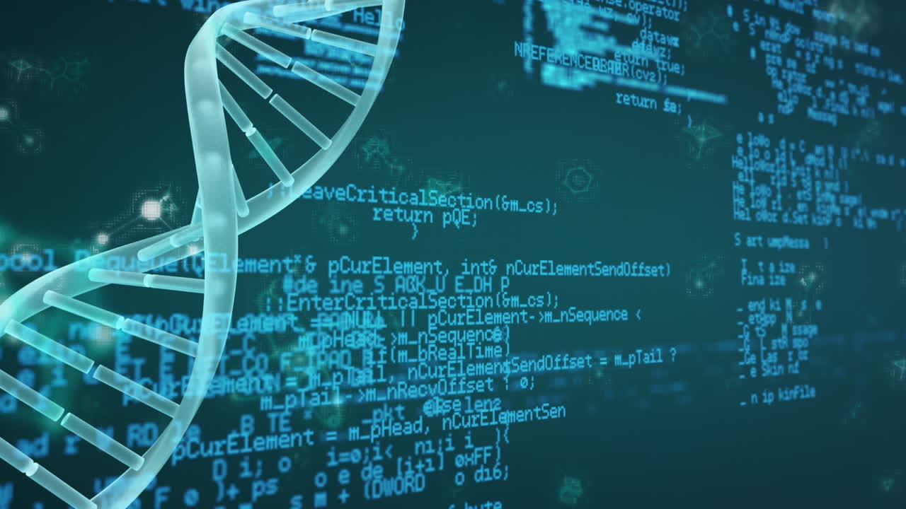 animación de las estadísticas y la deformación del adn girando sobre un fondo azul y negro