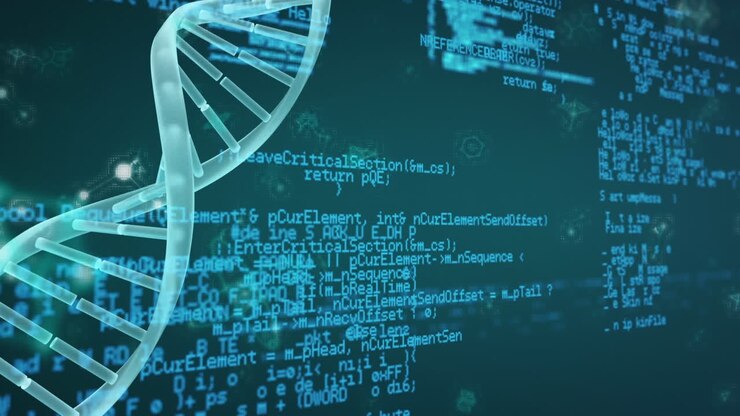 Animation of statistics and DNA strain spinning on blue and black background