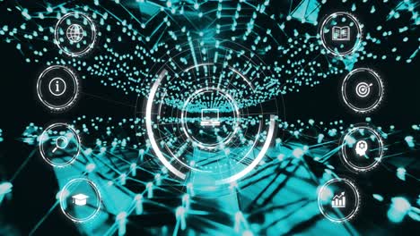 animación de un procesamiento de datos y iconos sobre una malla de conexiones