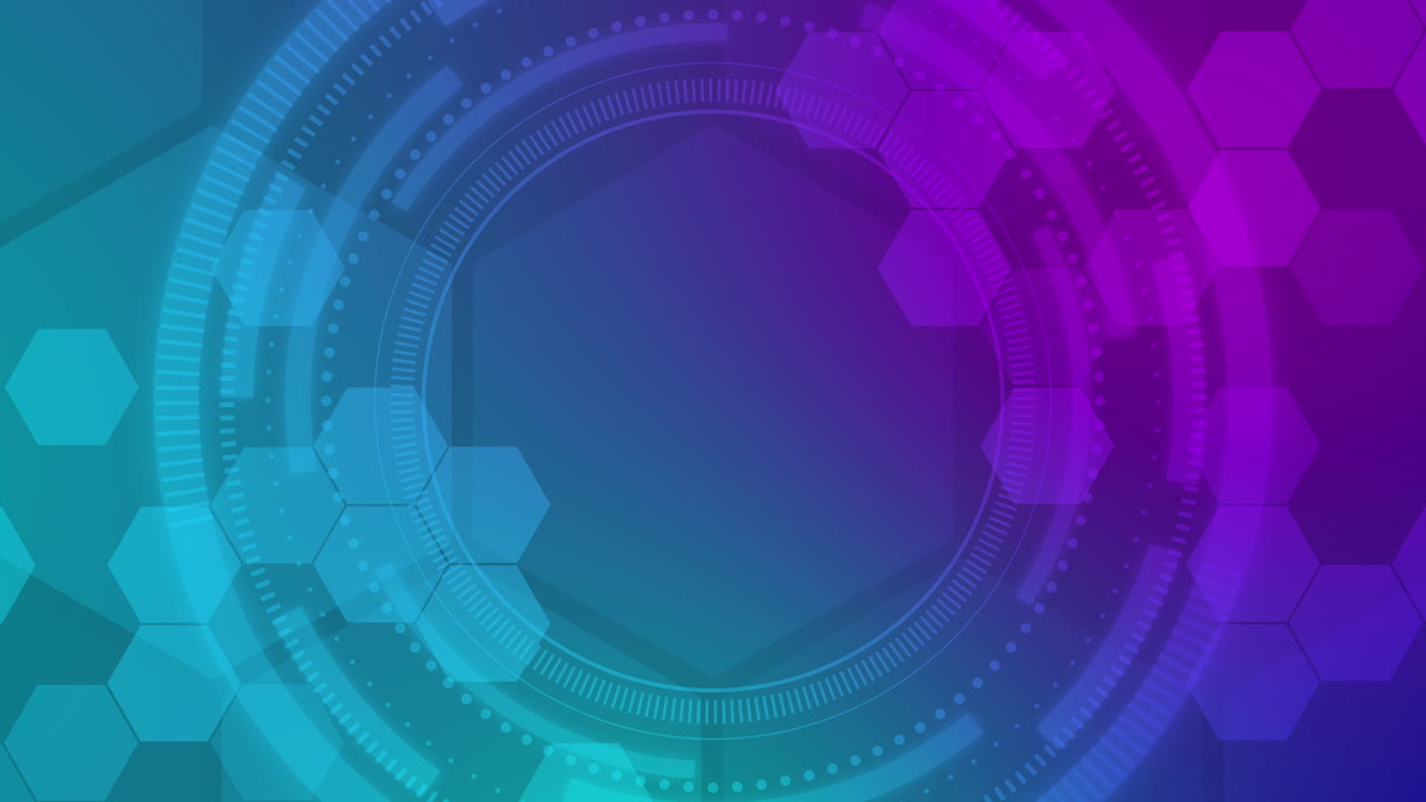 Abstract technological futuristic background with blue gradient. Radiant round HUD element with hexagons. Looped animation. Copy space.