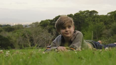 single smiling child lying down on grass meadow pulling wild daisy flowers from hillside