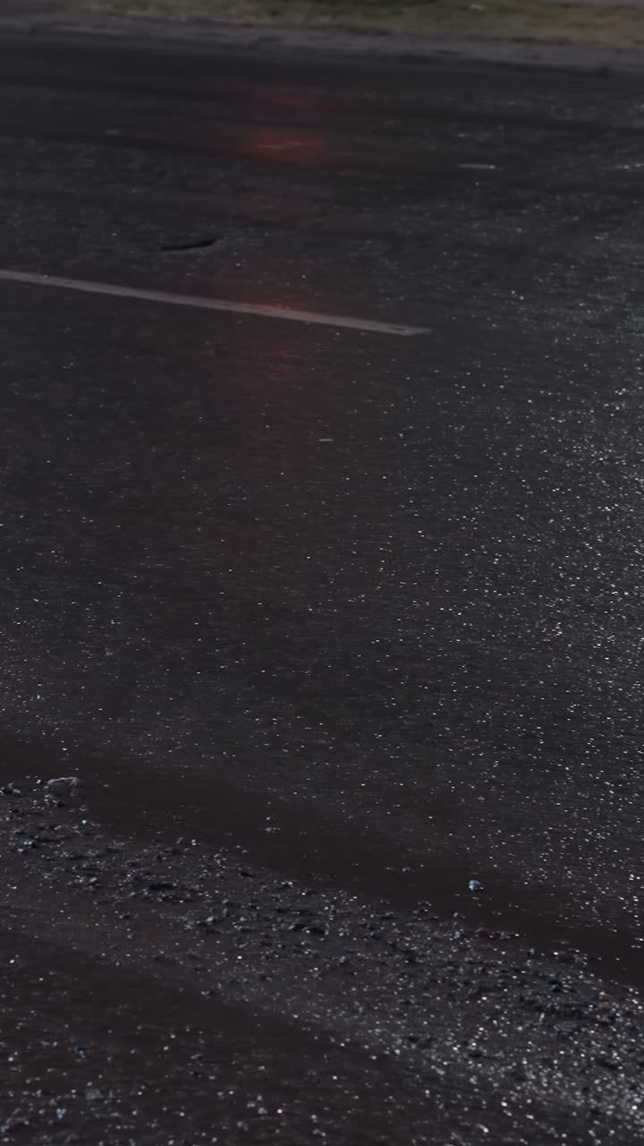 밤에 은 도로의 클로즈업 뷰, 표면에 빛의 반사와 도로에 나무 반사와 함께 지나가는 자동차를 보여줍니다.