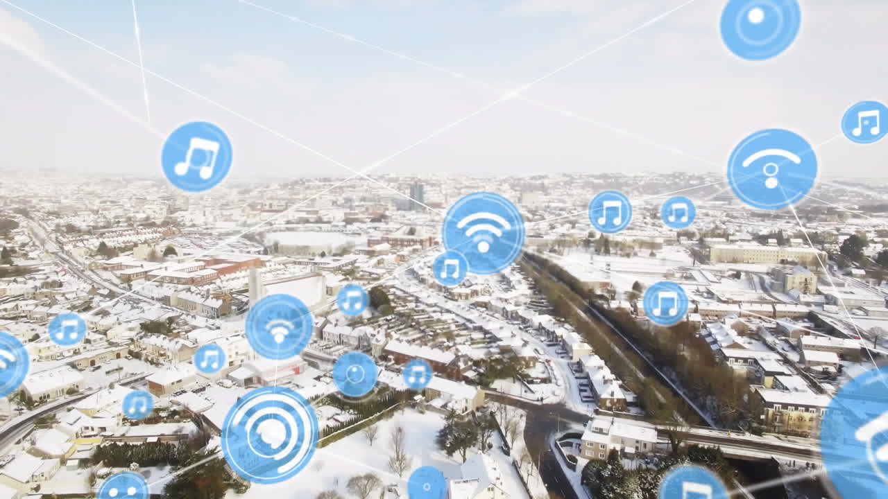 도시 풍경 위의 아이콘으로 연결된 네트워크의 애니메이션