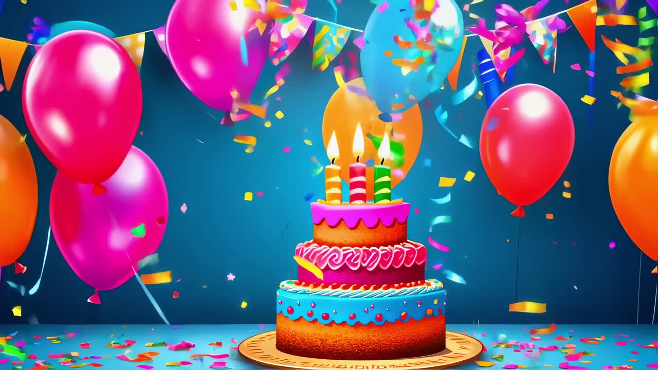 Confetti falling on a colorful three tiered birthday cake with lit candles, decorated with icing and colorful balloons on a blue background