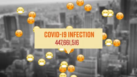 Animación-De-La-Infección-Por-Covid-19-Y-Números-En-Aumento,-íconos-Emoji-Volando