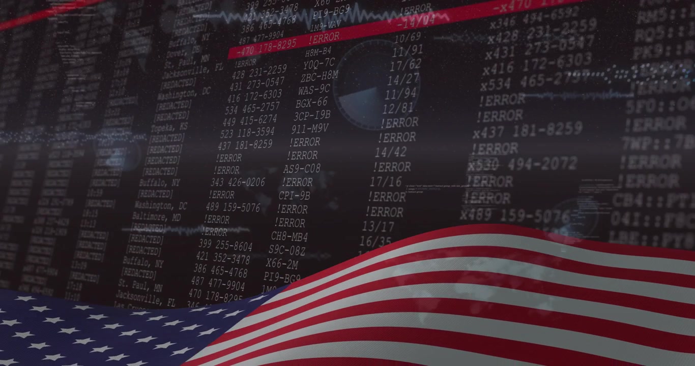 Animated American flag waving in foreground, red scan sweeping data wall revealing security metrics
