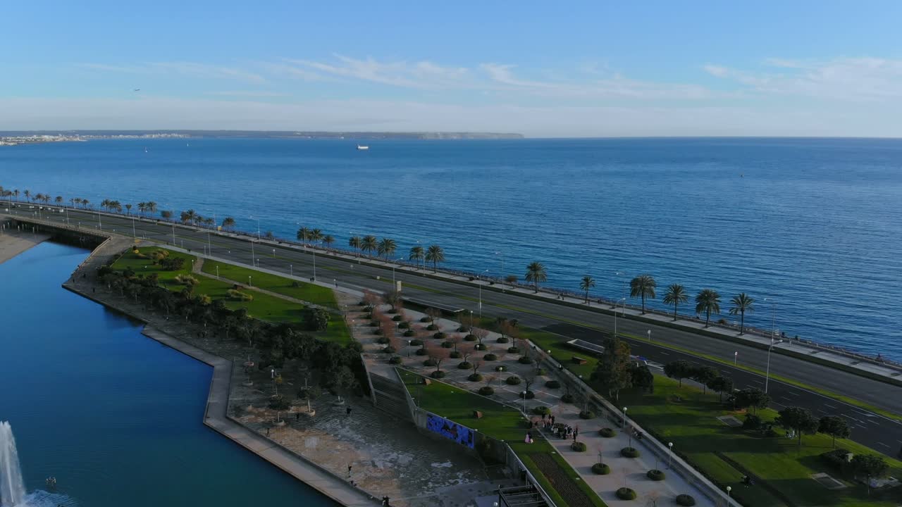 carretera, parque y estanque de palma filmados por drone