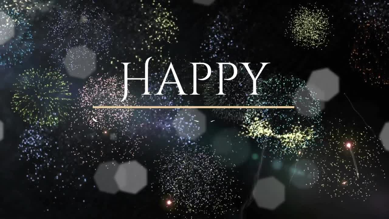 Animation des Textes „Frohes Neues Jahr“ über Feuerwerk und flimmernden Lichtern auf schwarzem Hintergrund.