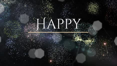 animation of happy new year text over fireworks and flickering lights on black background