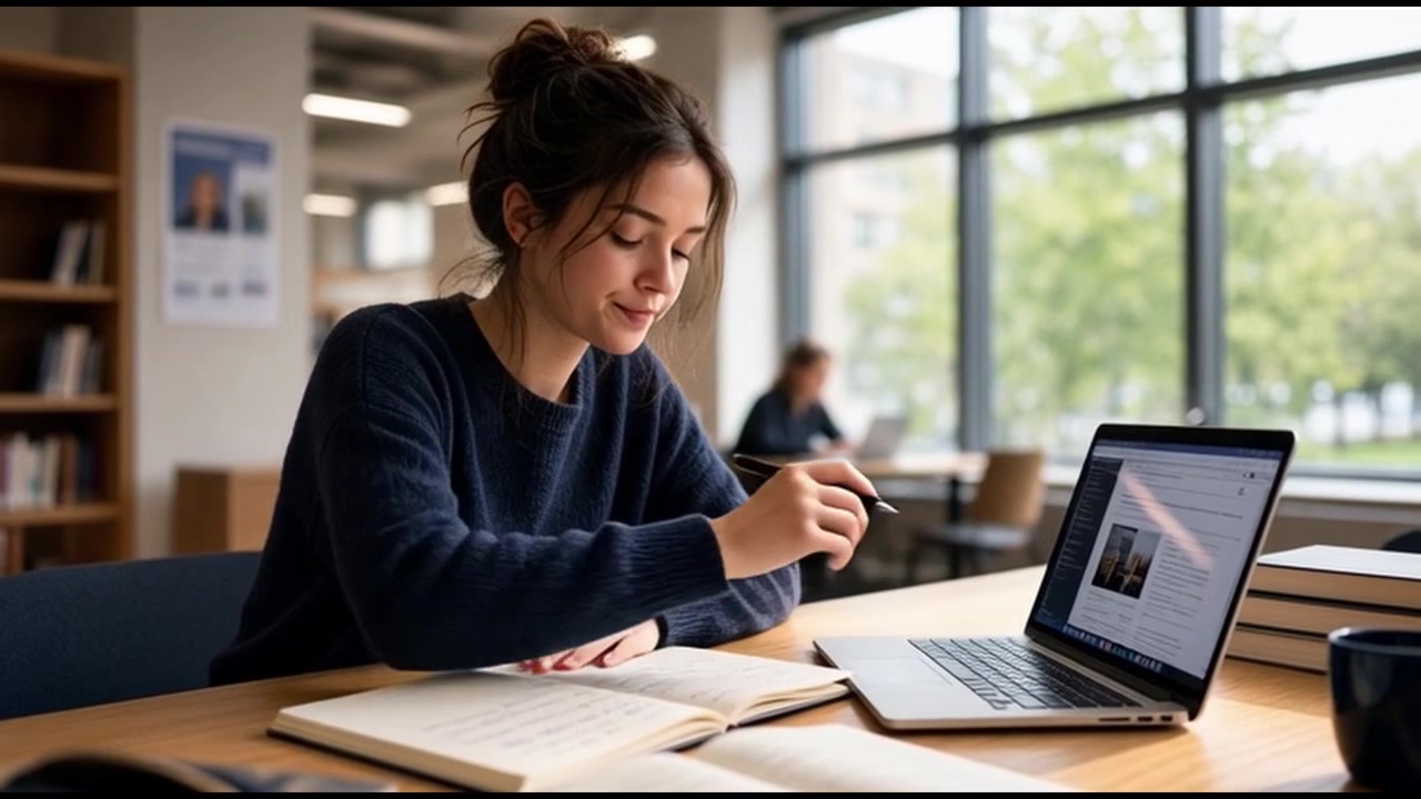 Young Student Studying and Writing in a Library