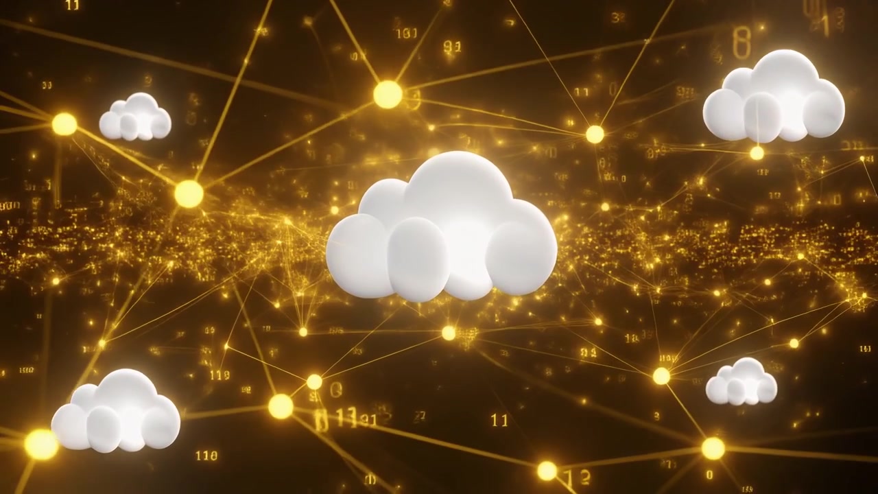 3D Cloud Icons Floating Over a Digital Network Background