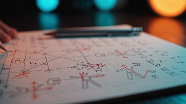 Detailed Focus on Mathematical Sketches with Red Annotations and Geometric Figures in a Study Environment, Capturing the Process of Learning and Analysis