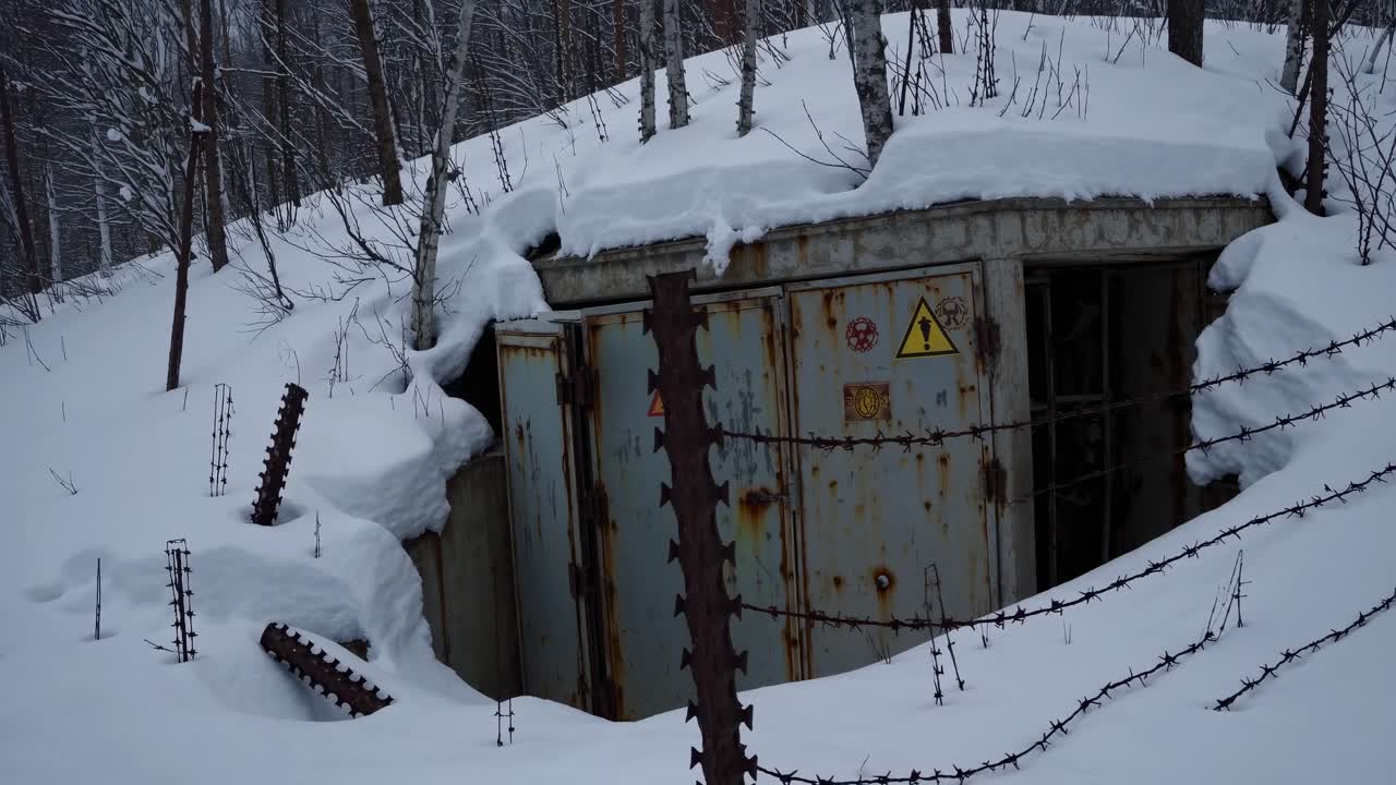 Barbed wire and rusty anti tank hedgehogs protecting entrance of abandoned bunker covered by snow in winter forest, concept of danger, war, post apocalyptic scenario