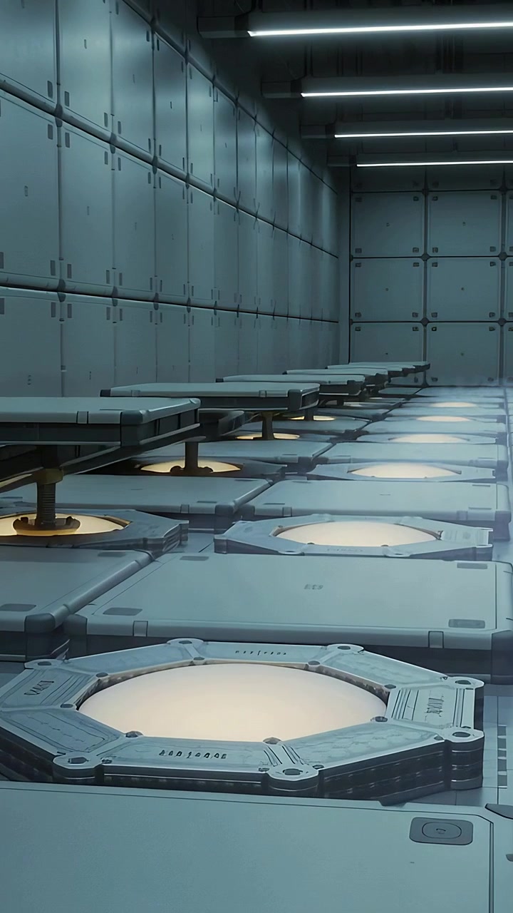 Vertical video: Signal opening lit hatches, floor panels rising with scissor arms across chamber