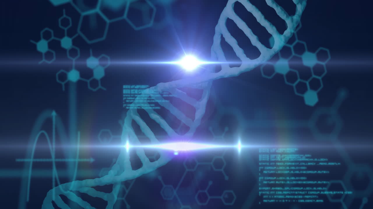 DNA strand and scientific data processing animation over blue hexagonal patterns