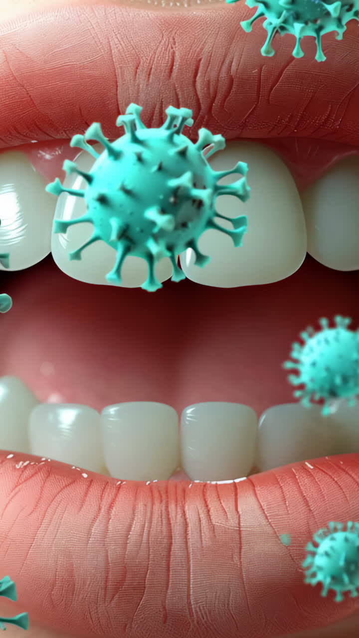 A woman's mouth is covered in green and white particles, possibly representing a virus. Concept of danger and the importance of maintaining good oral hygiene to prevent the spread of illness