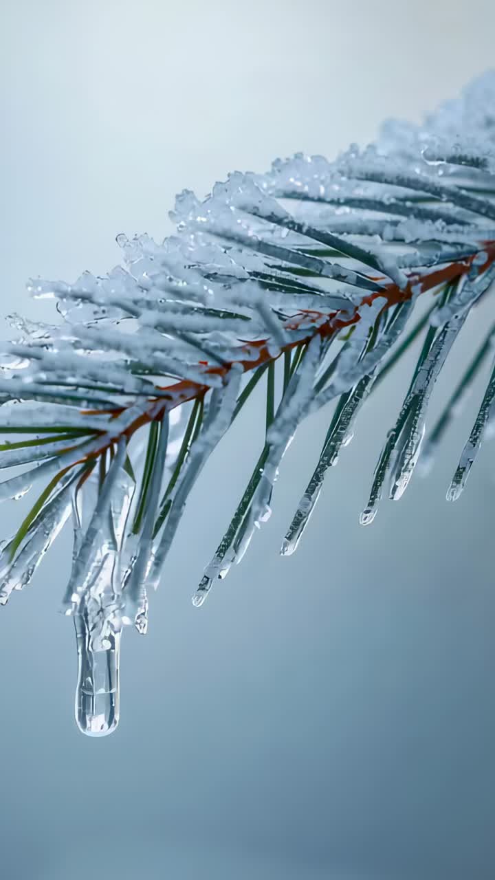 Vídeo vertical: galho de pinheiro descongelando com neve e pingentes de gelo, grande gota se alongando em close-up