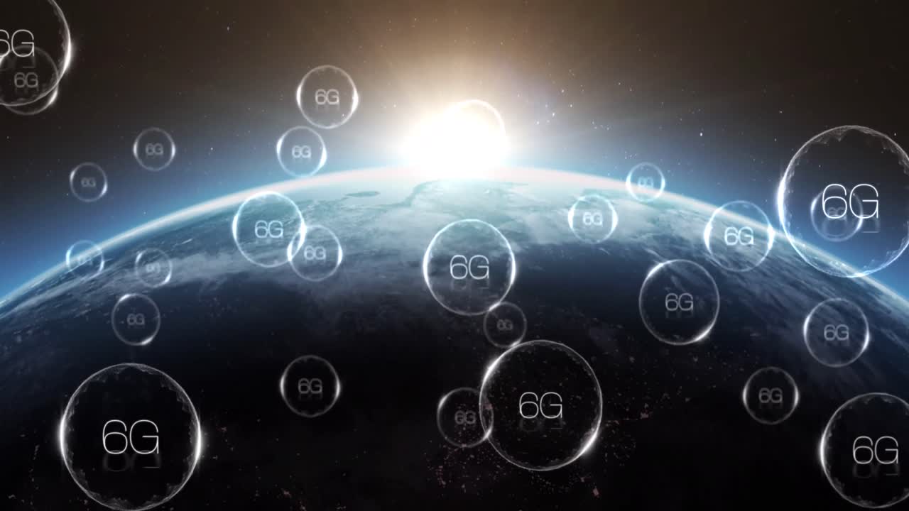 6g 텍스트와 함께 여러 거품이 떠다니고 지구 위의 파란색 빛 반점에 대해 터집니다.