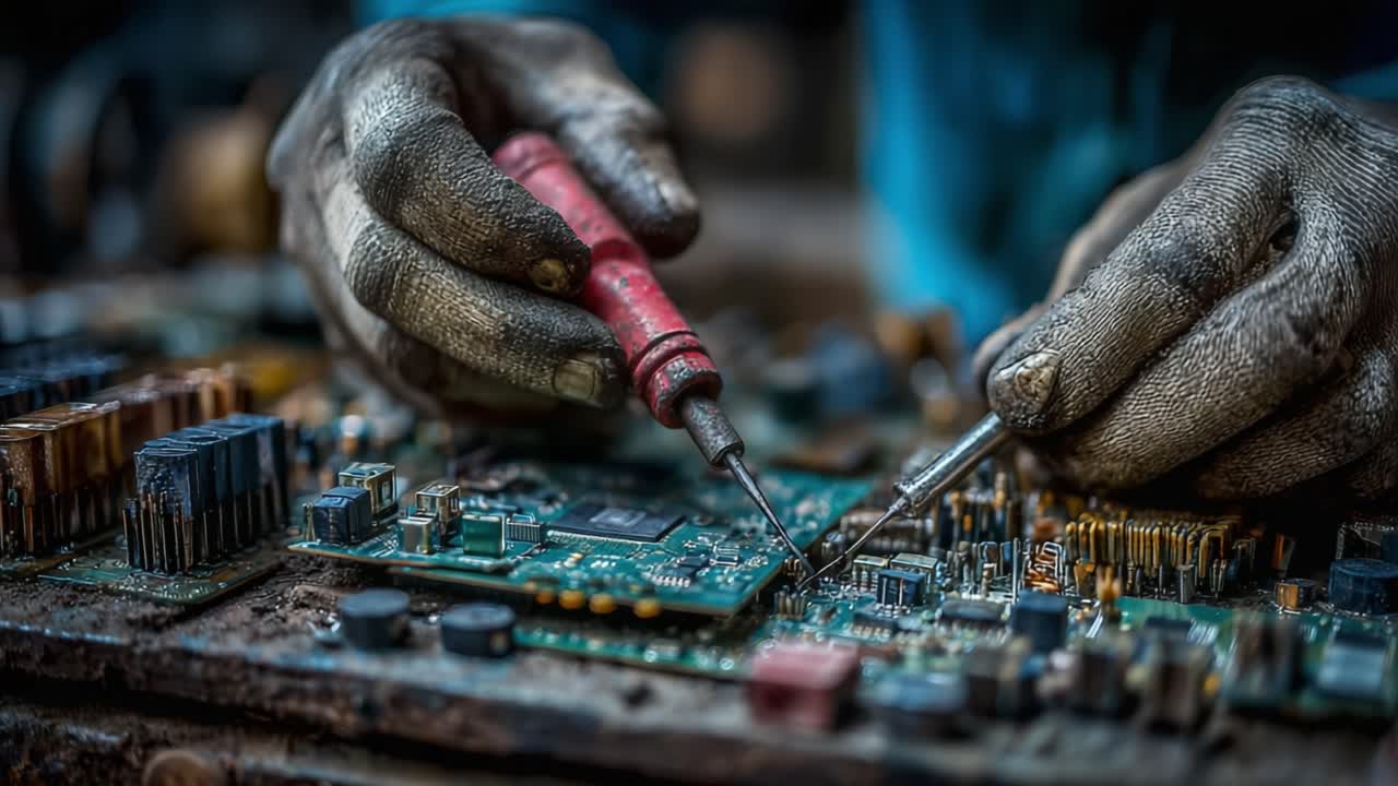 Intricate Repair Process of Electronic Circuit Board: Skilled Hands Precision Work in Technology Restoration Under Industrial Conditions