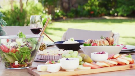 cerrar un vaso de vino tinto y comida en la mesa en el jardín