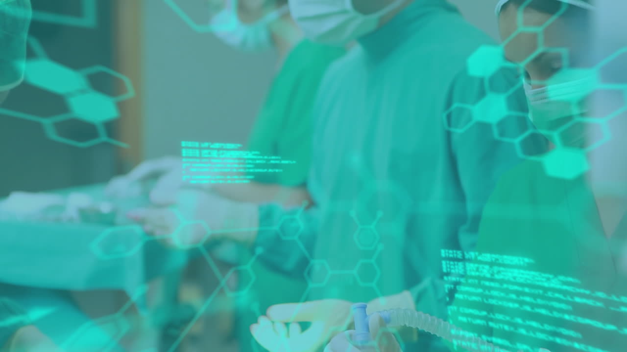 수술실에서 일하는 외과 의사들에 대한 의료 정보와 데이터 처리의 애니메이션