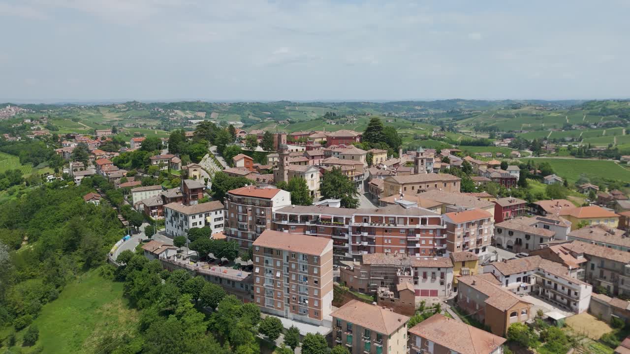 Agliano Terme, Asti, Piedmont, Italy. 4k aerial view of the town. Langhe-Roero and Monferrato. Circling to the leftt.