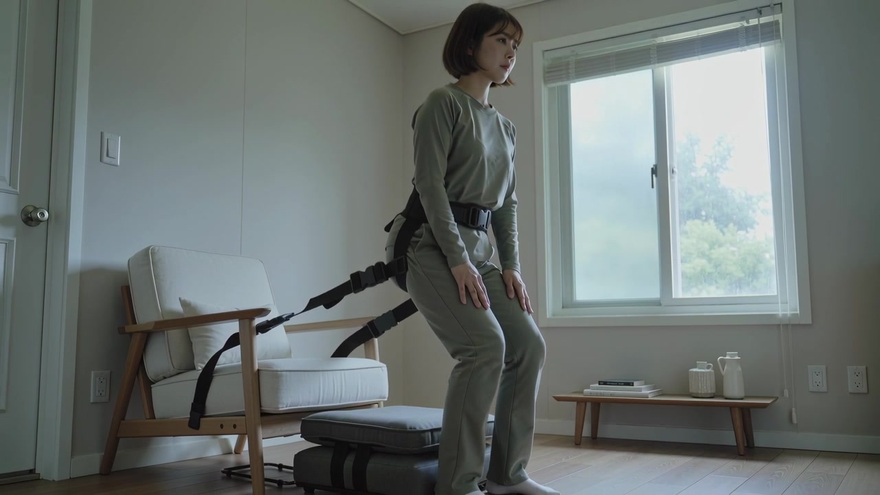 Shifting weight, woman in grey sweats doing sit-stand on stool at home, harness to chair