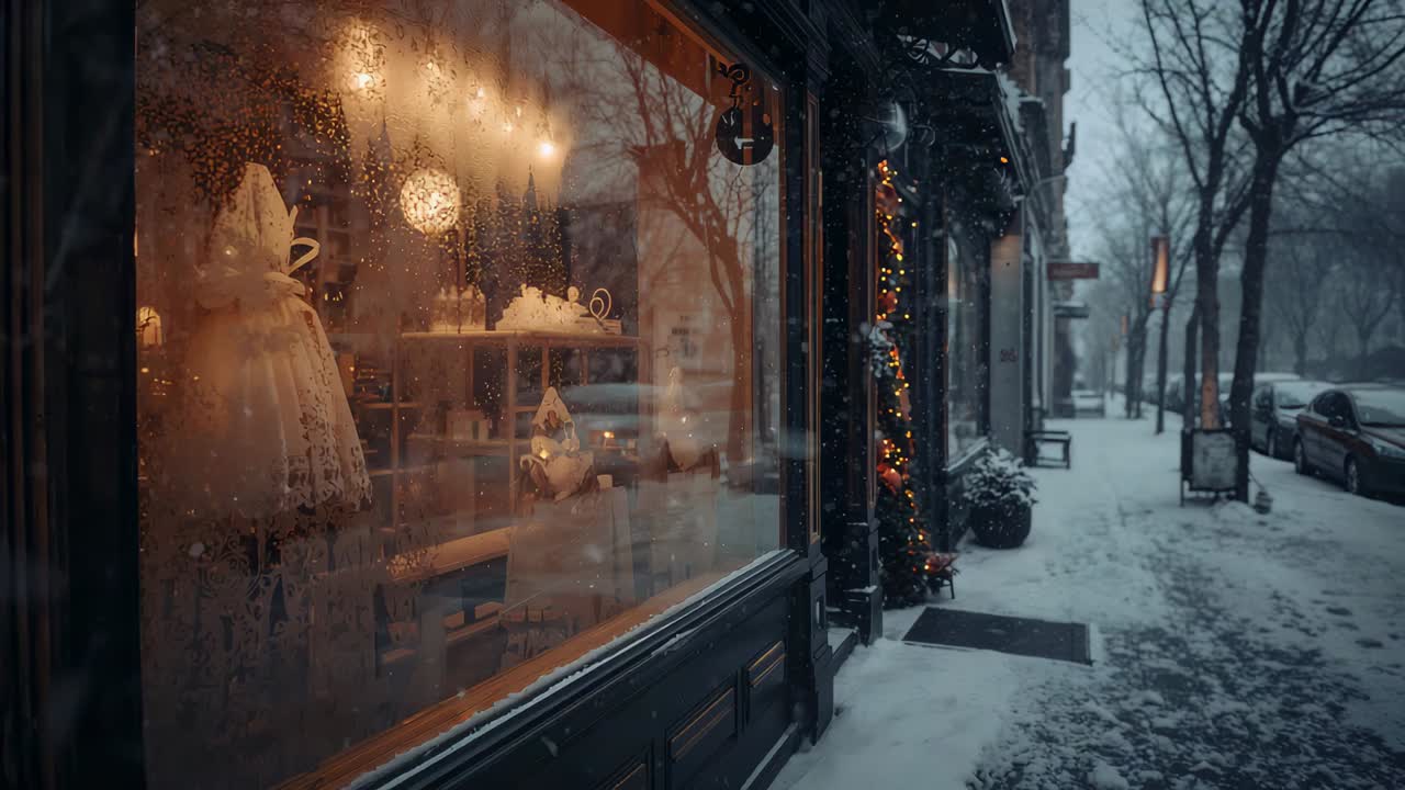Tracking camera showing warm shop window sliding past frosted glass, lamps, garland on snowy street