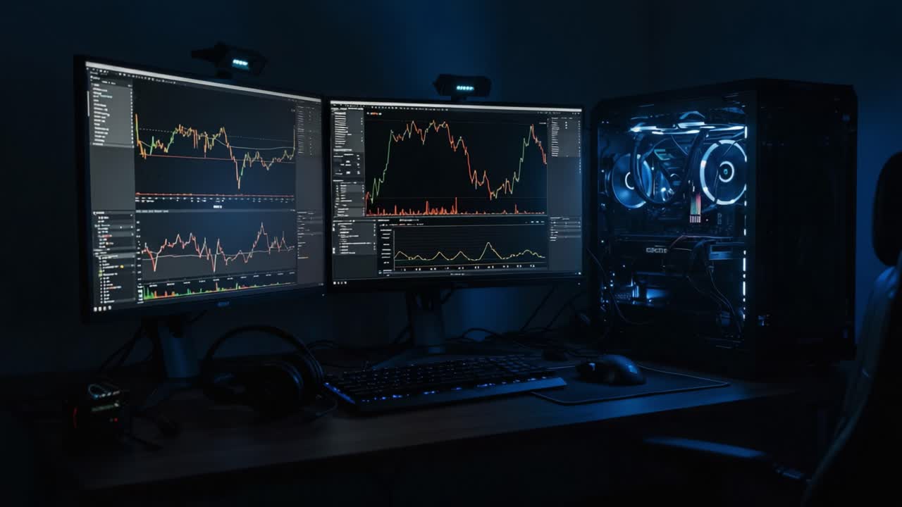 A Modern Trading Setup Featuring Dual Monitors and a High-Performance Gaming PC Illuminated by Cool RGB Lighting in a Dark Ambient Environment