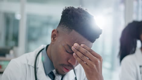 Black-man,-doctor-and-tired-with-headache