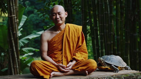 monje budista meditando en la naturaleza con una tortuga