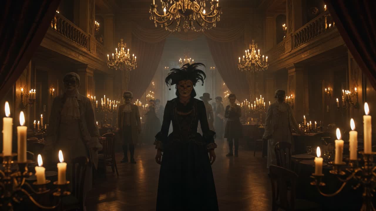 Eerie Gathering in a Grand Hall: A Mysterious Figure Dominates the Scene Surrounded by Shadowy Figures, Dim Lighting, and Flickering Candles in an Enigmatic Atmosphere