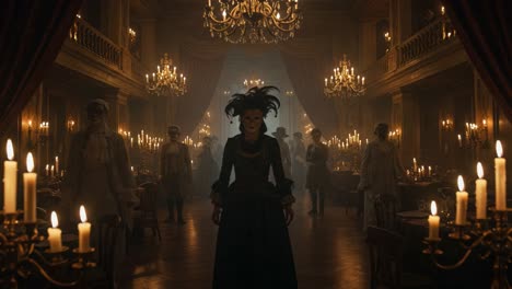 eerie gathering in a grand hall: a mysterious figure dominates the scene surrounded by shadowy figures, dim lighting, and flickering candles in an enigmatic atmosphere