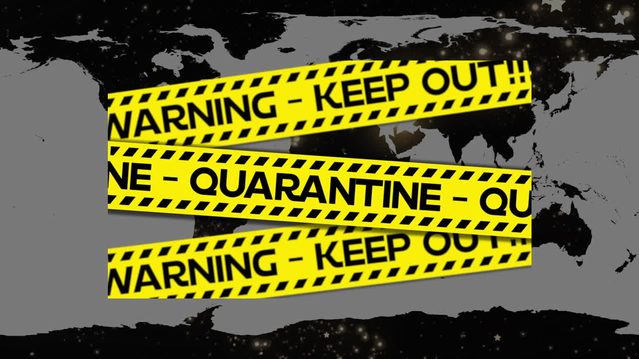 테이프와 세계 지도 위의 코로나 19 경고 텍스트의 애니메이션