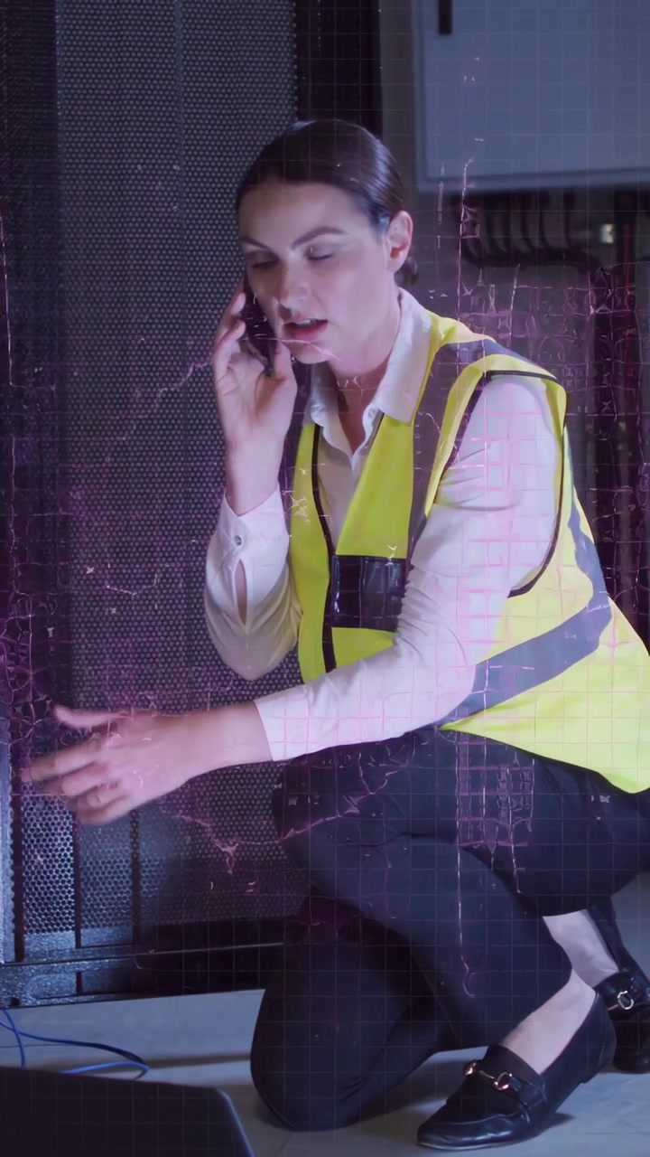 Vertical video: Receiving call tech kneeling, checking laptop, cabinet cables and fixing connection