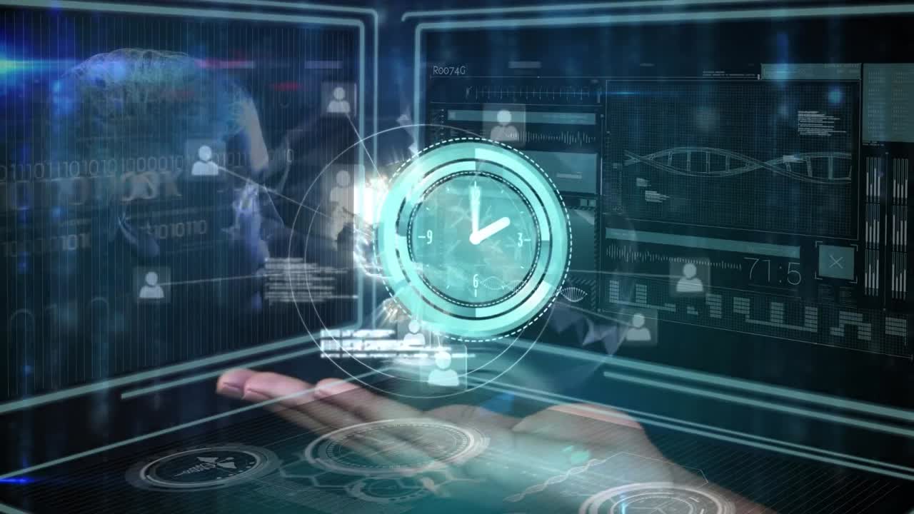 데이터 처리와 디지털 인터페이스에 대한 컵 손 위에 틱하는 시계의 애니메이션