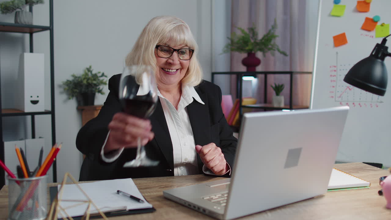 Senior business woman winner gets good news, positive exam results, opportunity, signed contract