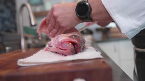a static head-on shot captures a fish being prepped for cooking or sushi, filmed at 120 fps to emphasize precision and detail. perfect for culinary, seafood, and food preparation content.