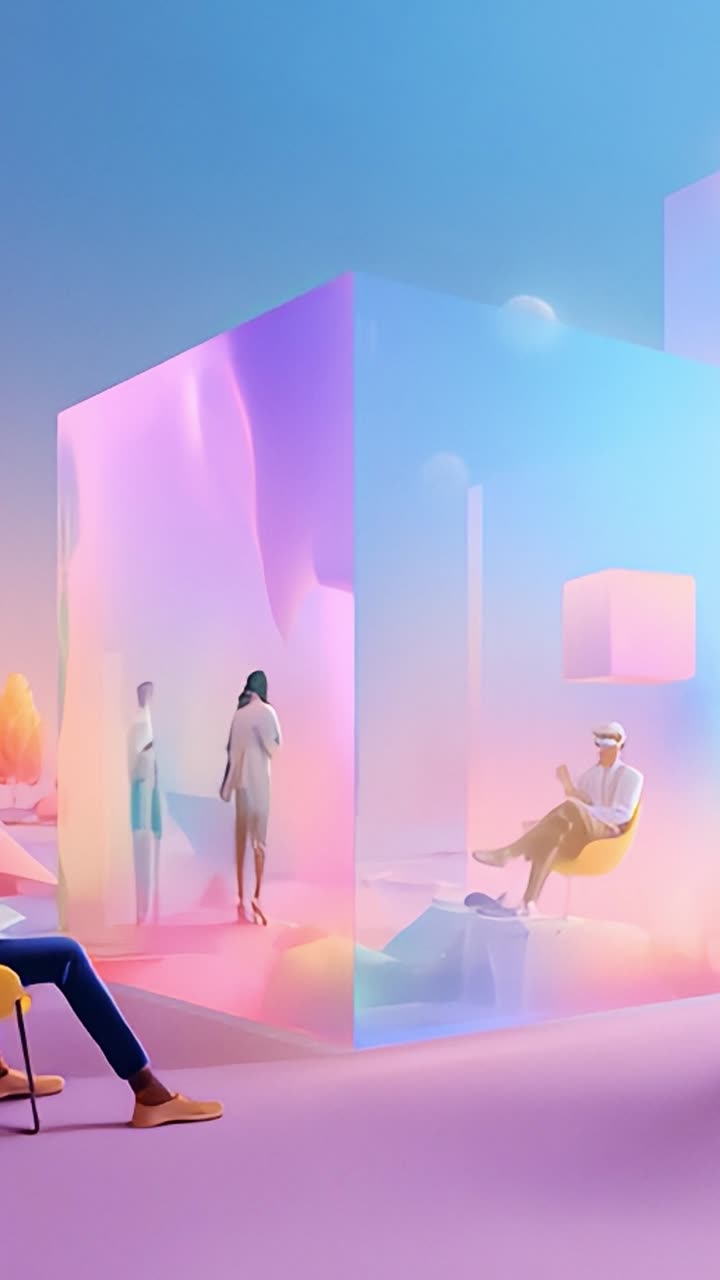 A vivid digital scene depicting futuristic interactions within a translucent environment, showing individuals engaged in creative communication and immersive experiences