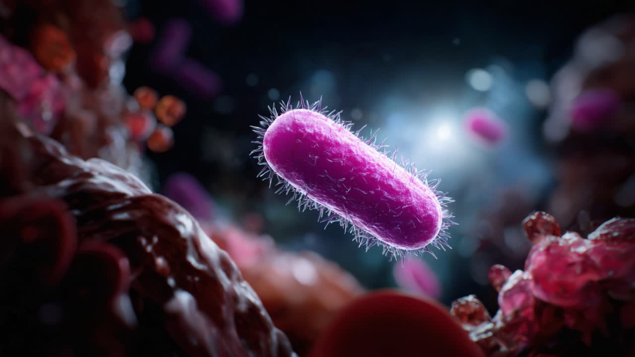 Microscopic View of Bacteria: Detailed Imagery Illustrating the Structure and Features of a Vibrantly Colored Microorganism in a Complex Environment