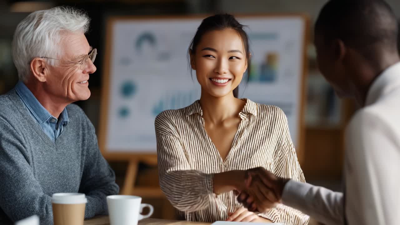A moment of connection during a professional meeting as two individuals engage in a friendly handshake, showcasing collaboration and respect while an older man observes with a smile from the side