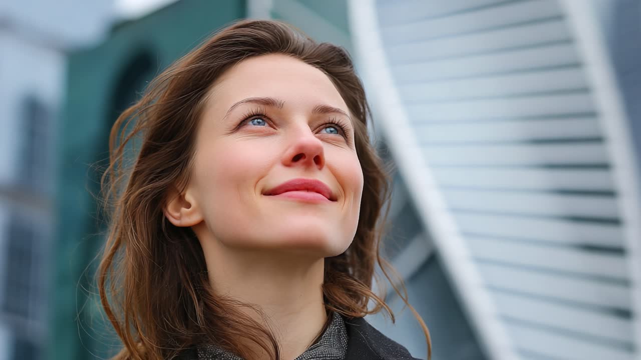 A Woman with an Inspiring Smile and Hopeful Gaze, Embracing Life Against a Modern Urban Backdrop in a Captivating Moment of Joy and Purposeful Reflection