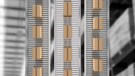 animación de cajas de cartón que se mueven en cintas transportadoras sobre el almacén