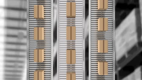 animation of cardboard boxes moving on conveyor belts over warehouse