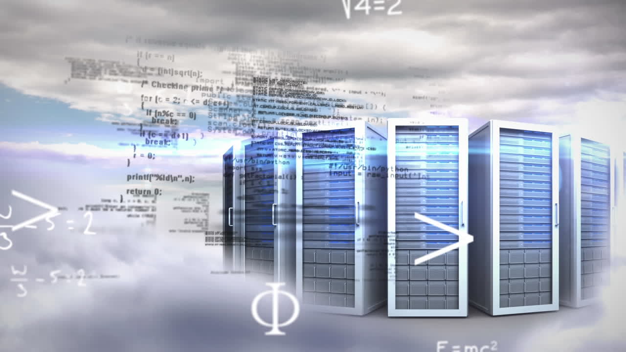 Mathematical equations and data processing against server boxes in the clouds