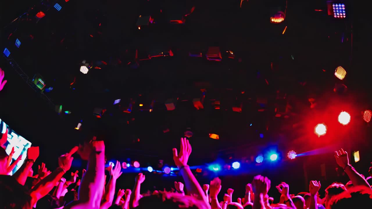 High-angle shot of a vibrant concert crowd with colorful stage lights, capturing the energetic