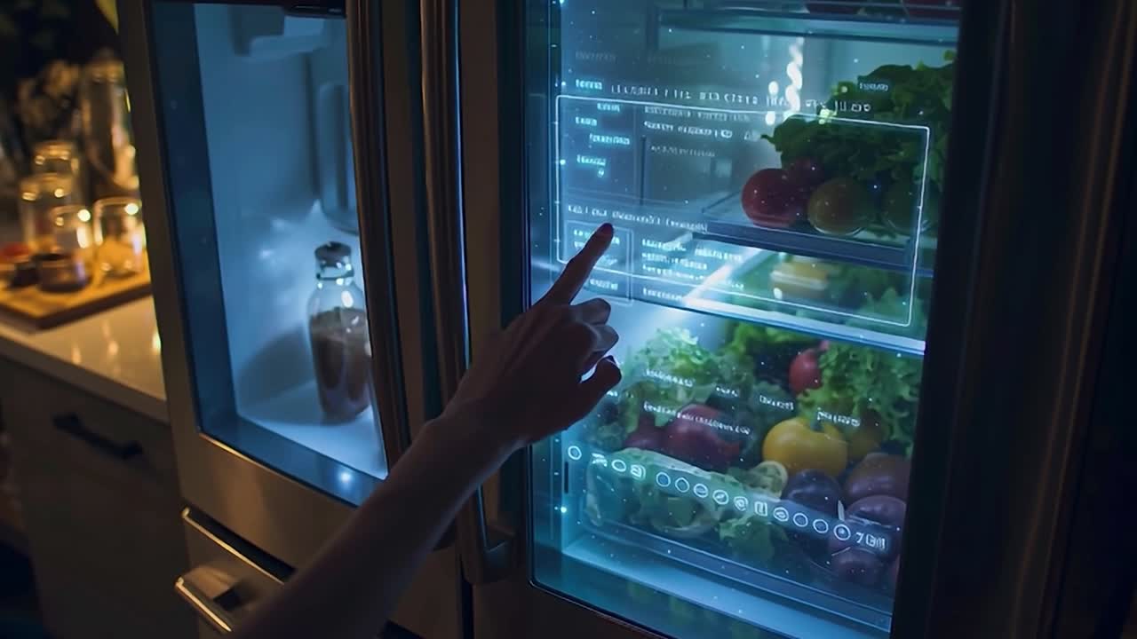 Frigorifero intelligente che mostra l'inventario del cibo di notte