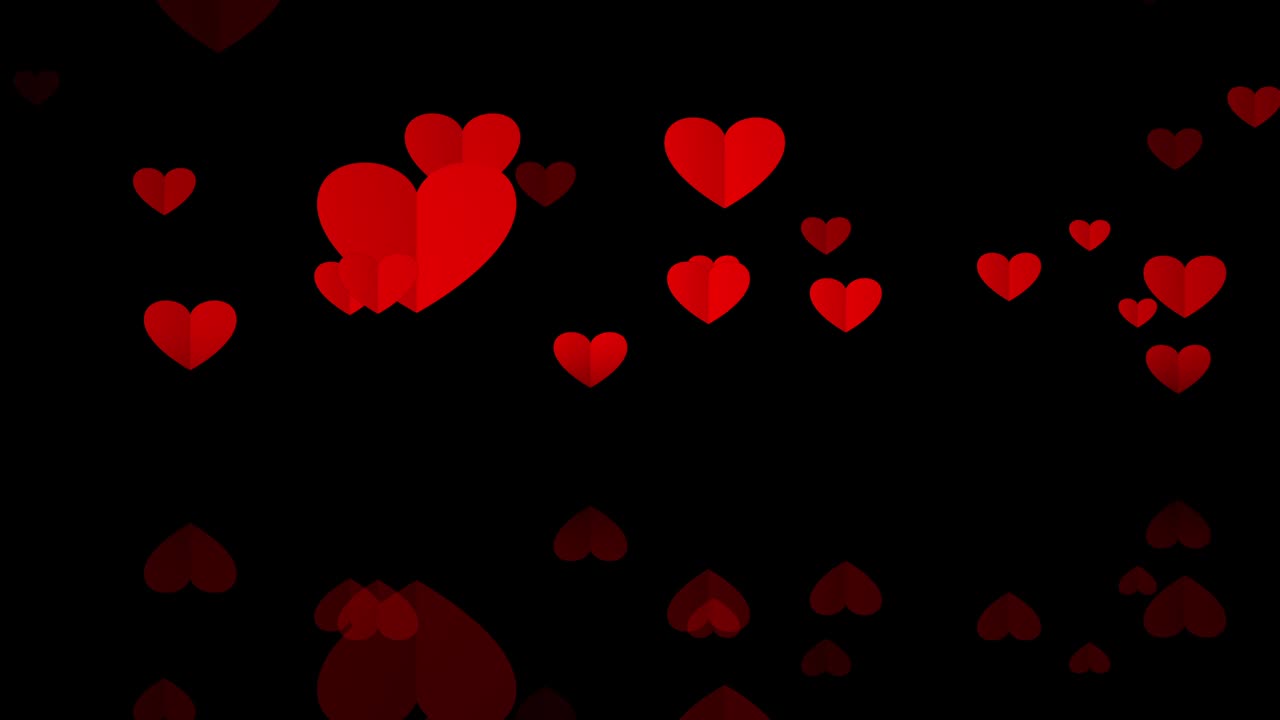 바닥 반사와 함께 날아가는 빨간 종이 심장 루프 애니메이션 사랑, 열정 및 축제 콘셉트 배경 발렌타인 데이, 어머니의 날, 결혼기념일