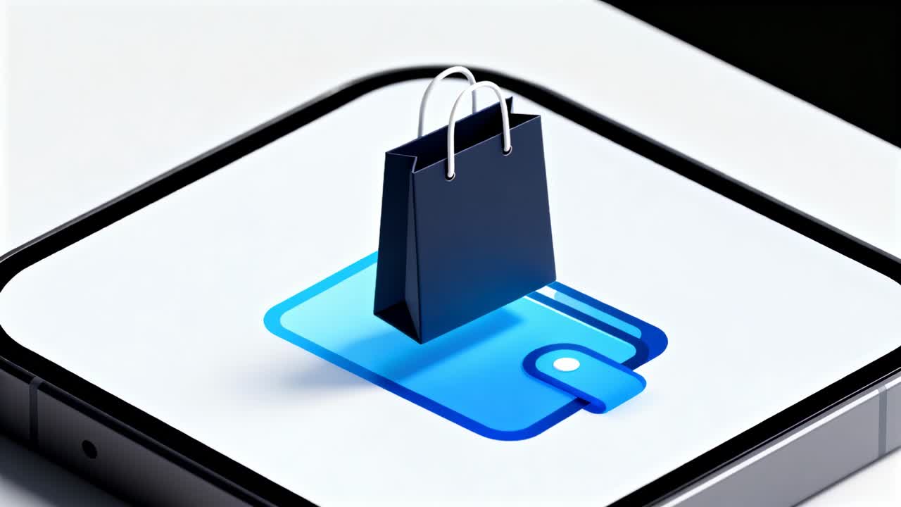 Video vertical: Lanzamiento de aplicación móvil mostrando una bolsa girando y asentándose sobre una billetera, señalando comercio electrónico.