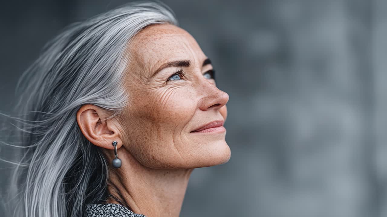 A Graceful Portrait of a Mature Woman with Silver Hair, Exuding Confidence and Serenity While Gazing Upward Against a Soft, Blurred Background